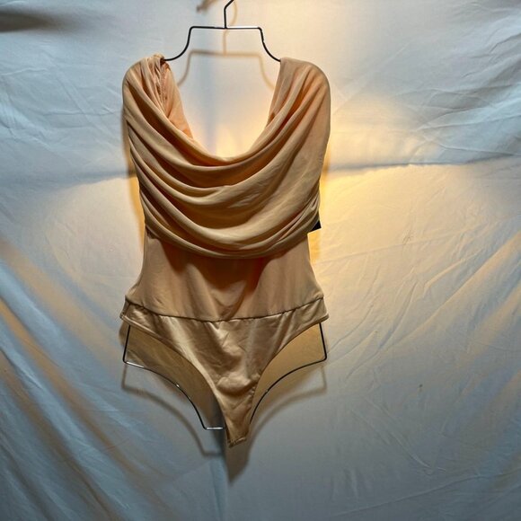 AFRM Off Shoulder Draped Mesh Ruched Thong Bodysuit Peach Apricot L - Picture 10 of 12